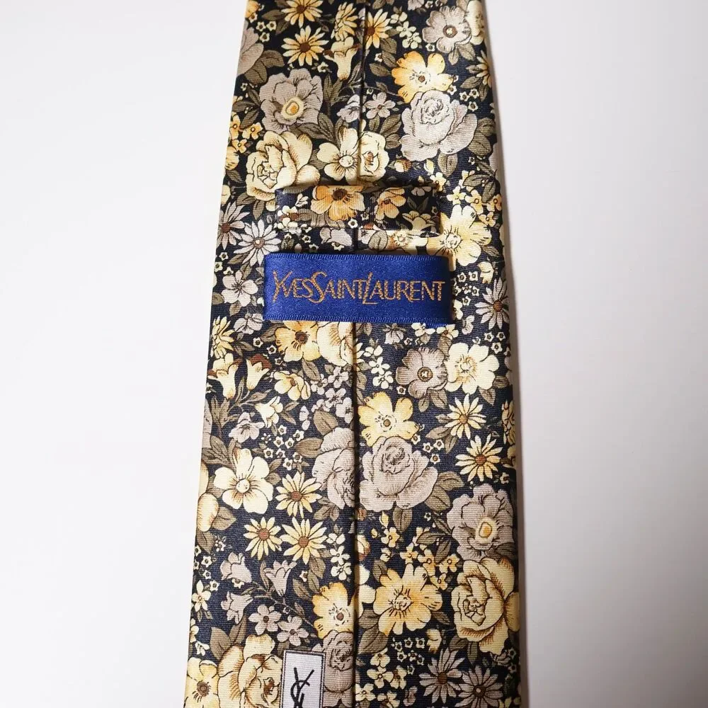 Yves Saint Laurent Tie YSL Monogram Flower Pattern Floral Yellow